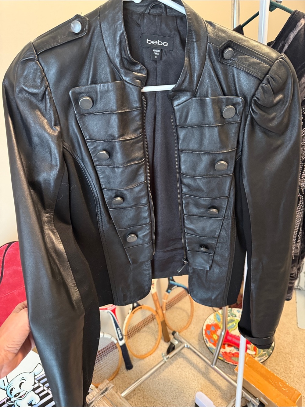 bebe Black Military-Inspired Leather Jacket